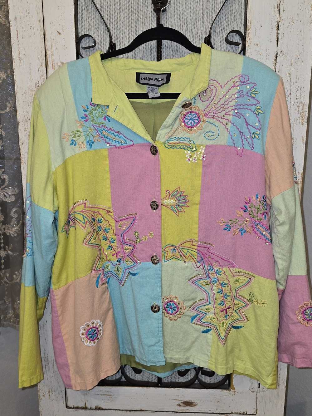 Indigo Moon Pastel Patchwork Embroidered Button Front Jacket